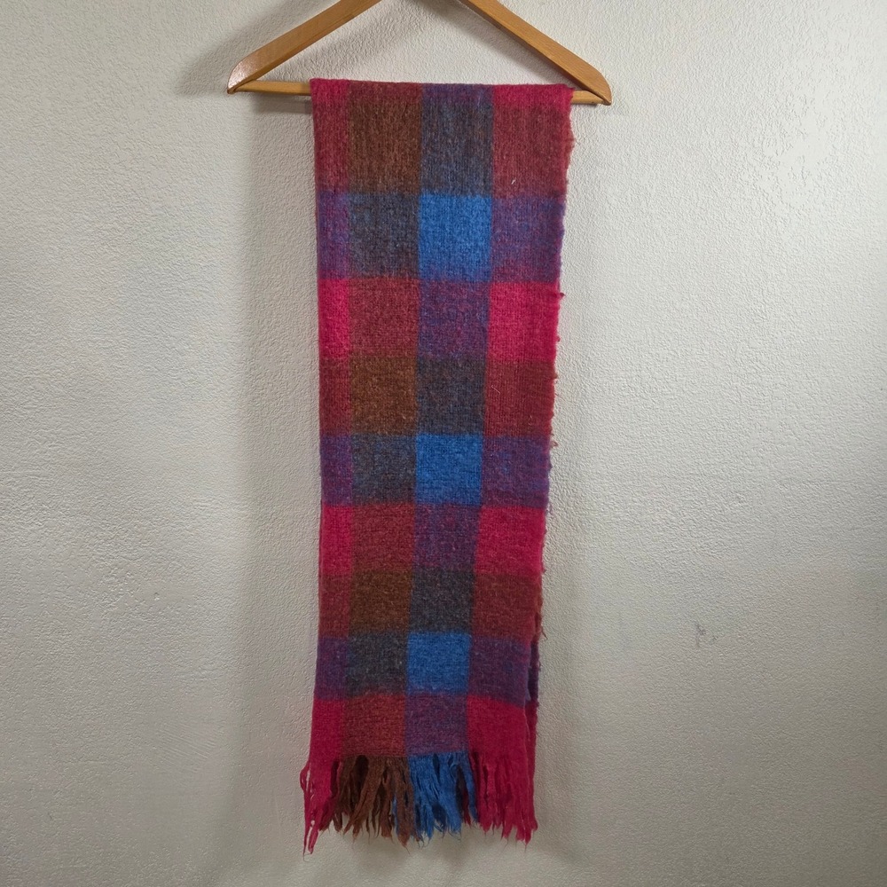 Vintage Style Oversized Plaid Scarf Pink Blue Brown Fringed Brushed Fuzzy Winter